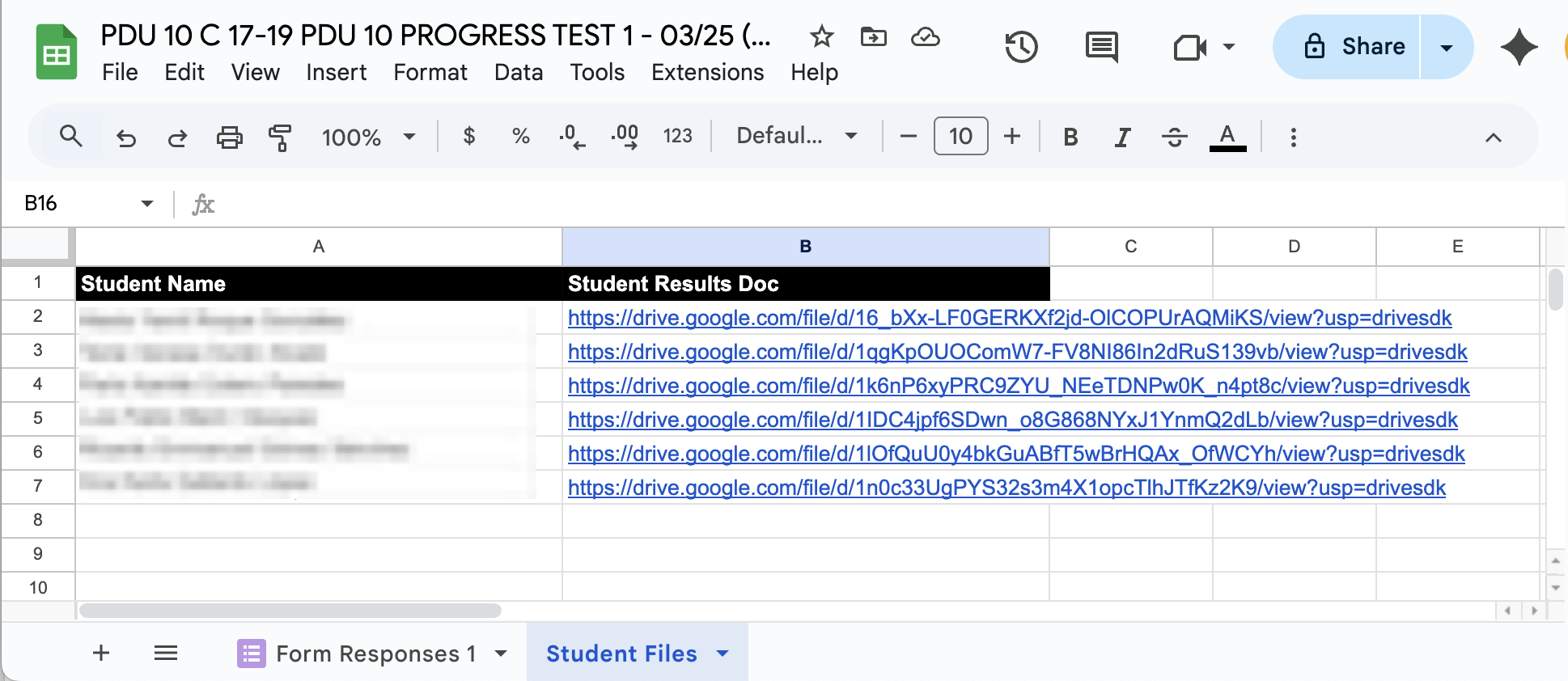 Google Sheets Student Files Tab